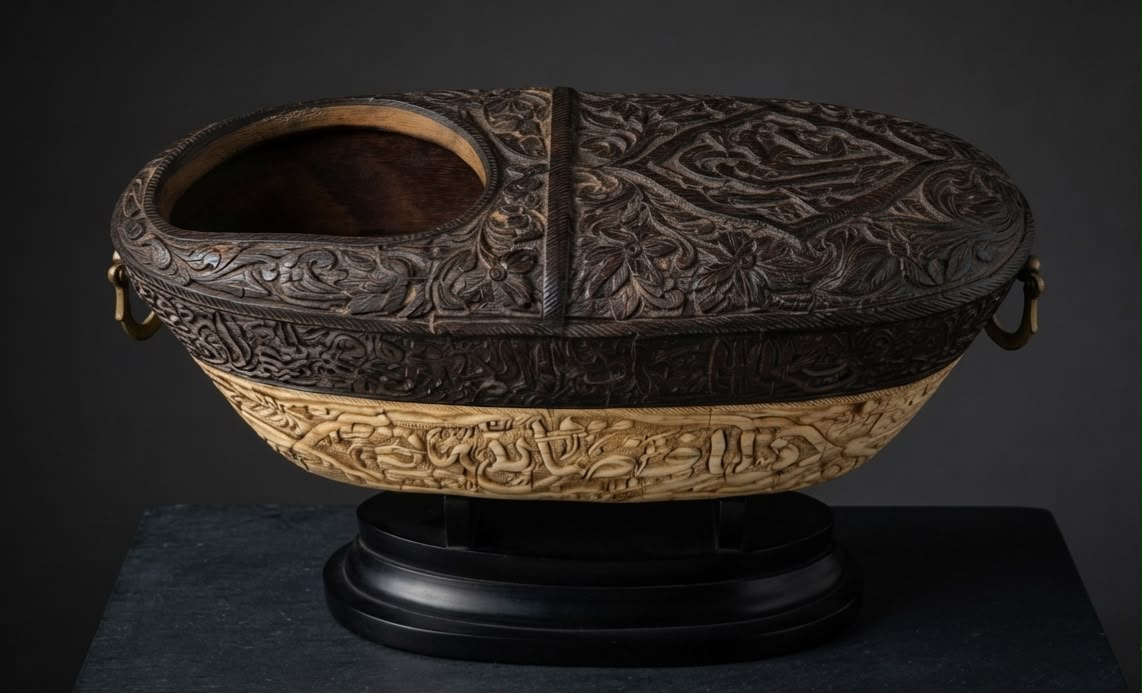 Rare islamic handcrafted natural wooden & camelbone Kashkul inscribed with Quran versus.